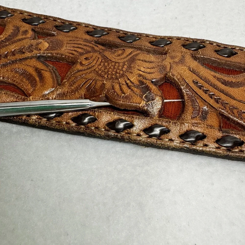 Unbranded Tooled Leather Belt Mens 42 Tan HMS Monogram Western Floral Whipstitch